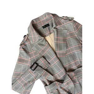 Stella Lorenzo Plaid Belted Trench Coat Women's XS Gray Red Black Long Sleeve